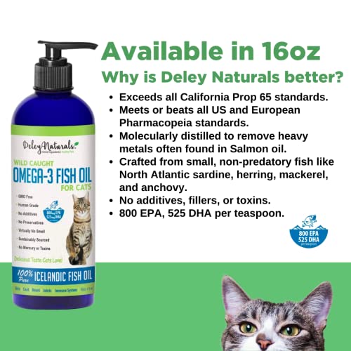 Deley Naturals Wild Caught Fish Oil for Cats - 16oz - Omega 3-6-9, GMO Free - Reduces Shedding, Supports Skin, Coat, Joints, Heart, Brain, Immune System - Highest EPA & DHA Potency – Pure Fish Oil - Image 3
